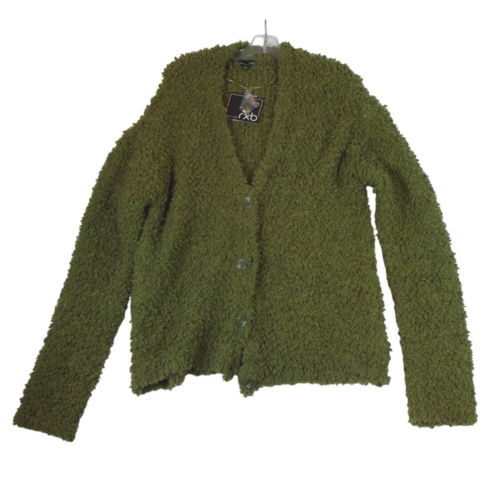 RXB Boucle Knit Cardigan Sweater V-Neck Button Front Closure Olive Green Size XL